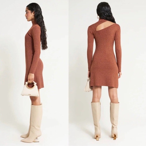 Cult Gaia | AW22 Jet Lurex Metallic Knit Cut Out Long Sleeve Dress Rust Brown XL - Picture 2 of 8